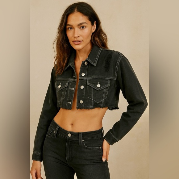 Black Distressed Cropped Denim Jacket - Picture 1 of 7